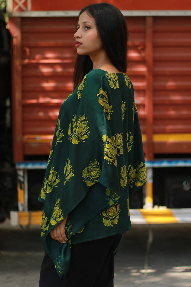 Saroj | Taarini | Modal Silk Kaftan Top | Green Lotus Ajrakh