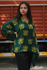 Saroj | Taarini | Modal Silk Kaftan Top | Green Lotus Ajrakh
