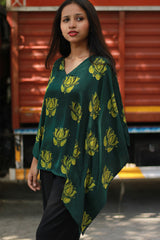 Saroj | Taarini | Modal Silk Kaftan Top | Green Lotus Ajrakh