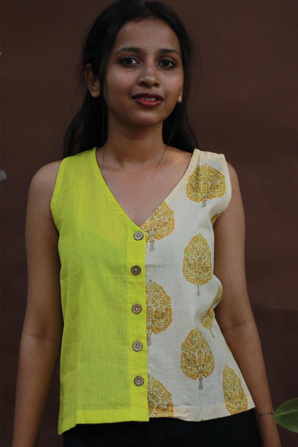Front Buttoned Vest | Cotton |  Lime with Yellow Sanganeri
