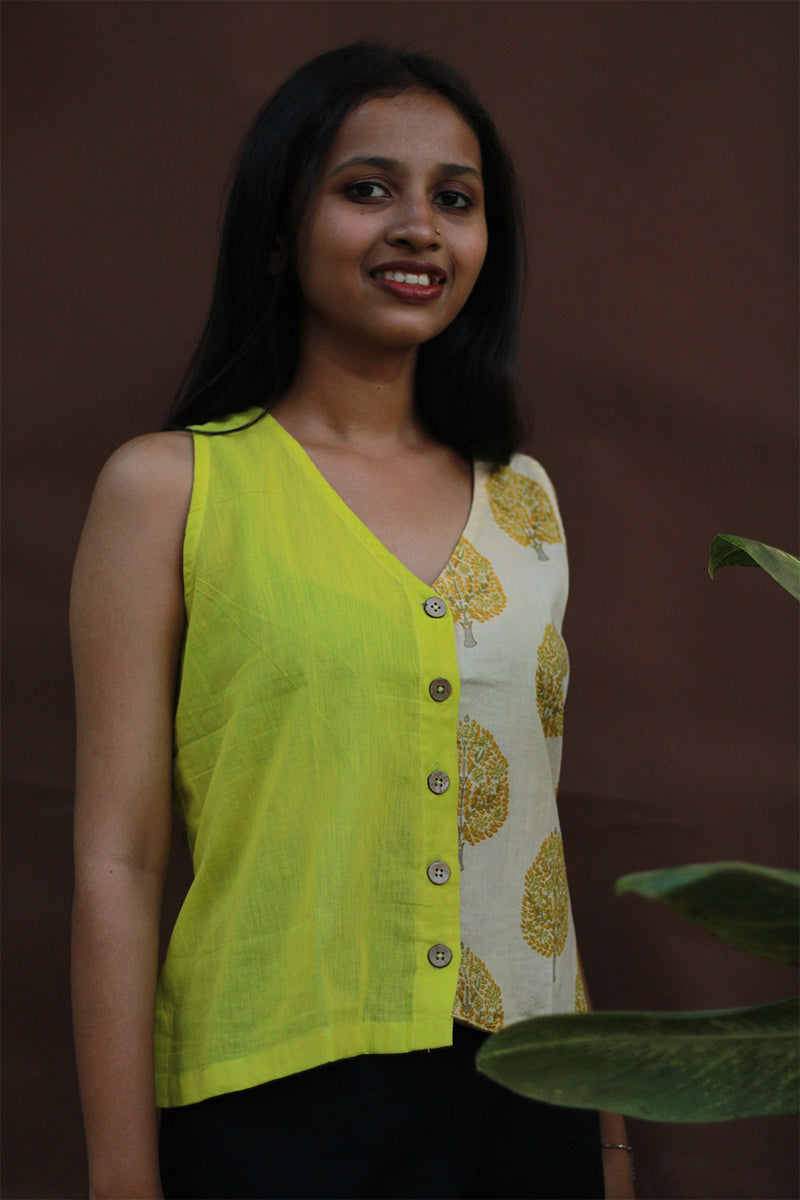 Front Buttoned Vest | Cotton |  Lime with Yellow Sanganeri