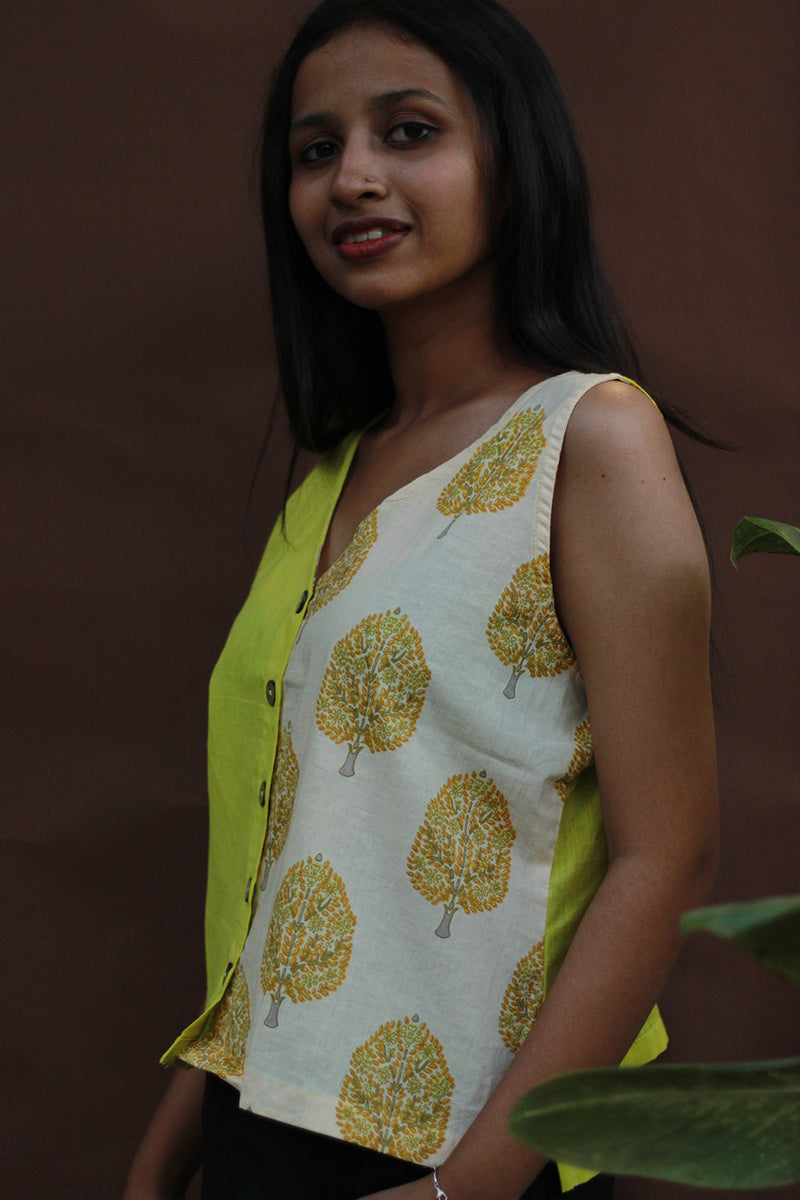 Front Buttoned Vest | Cotton |  Lime with Yellow Sanganeri