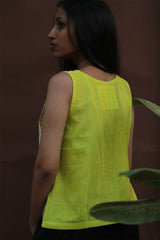 Front Buttoned Vest | Cotton |  Lime with Yellow Sanganeri