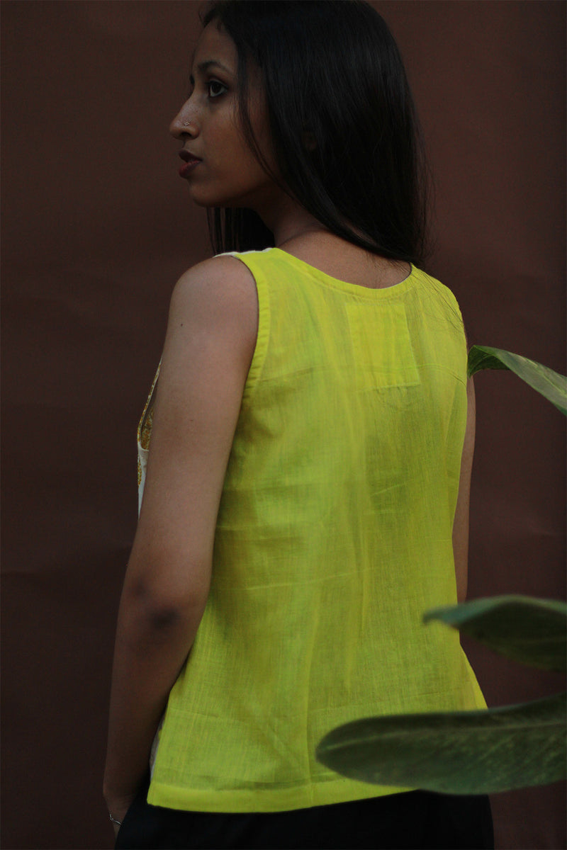 Front Buttoned Vest | Cotton |  Lime with Yellow Sanganeri