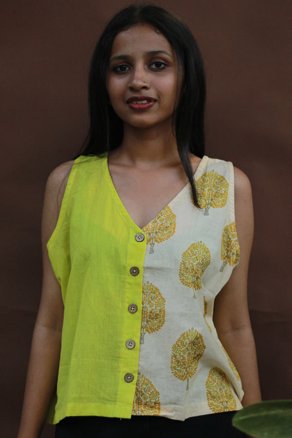 Front Buttoned Vest | Cotton |  Lime with Yellow Sanganeri