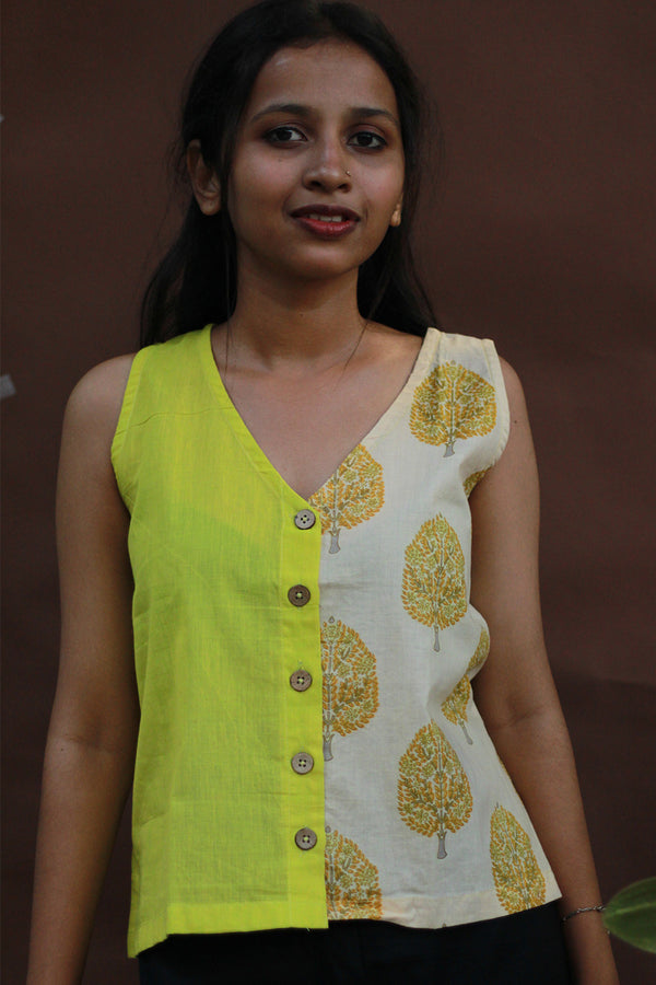 Front Buttoned Vest | Cotton |  Lime with Yellow Sanganeri