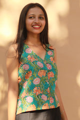 Front Buttoned Vest | Cotton | Teal Floral Sanganeri