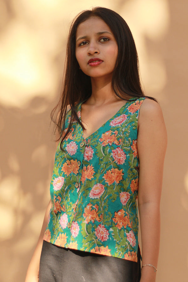 Front Buttoned Vest | Cotton | Teal Floral Sanganeri