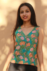Front Buttoned Vest | Cotton | Teal Floral Sanganeri