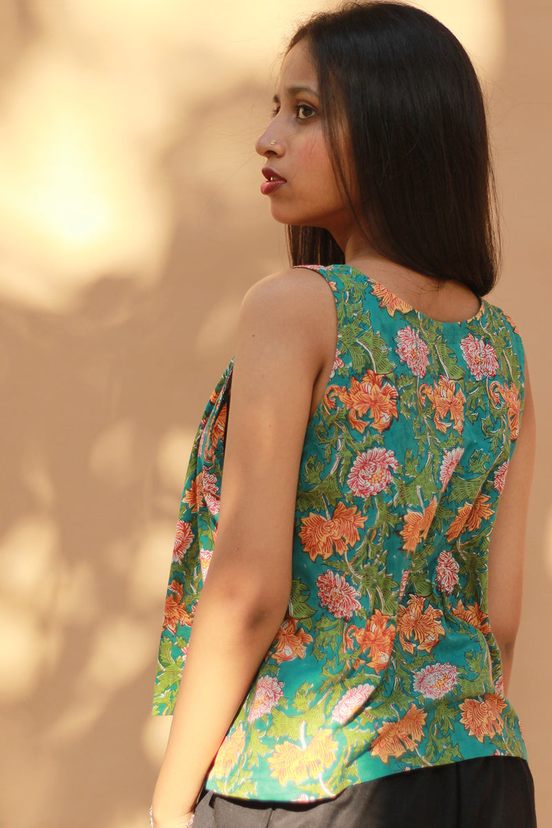Front Buttoned Vest | Cotton | Teal Floral Sanganeri