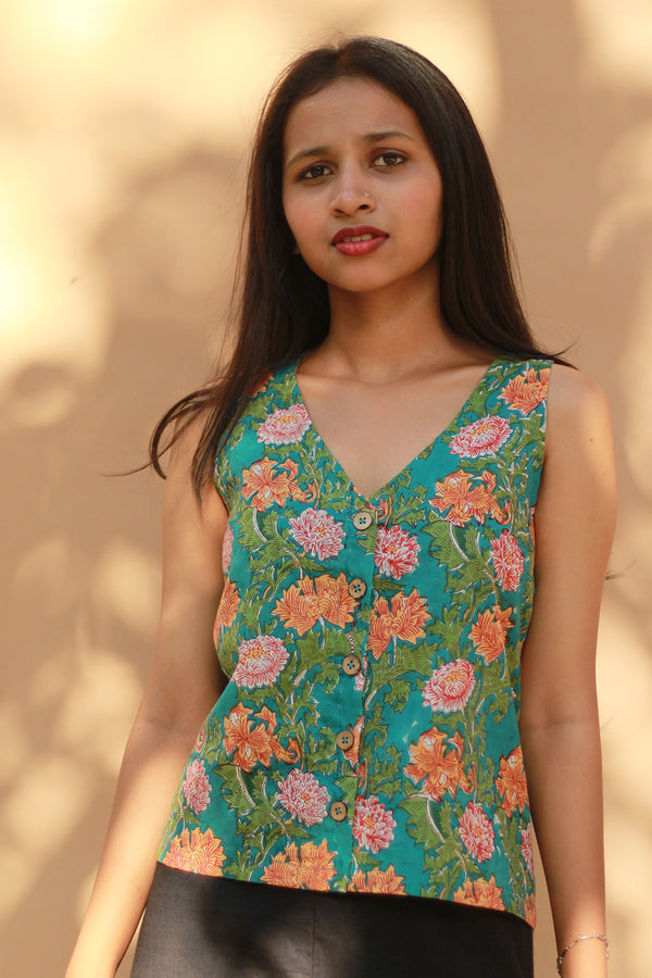 Front Buttoned Vest | Cotton | Teal Floral Sanganeri