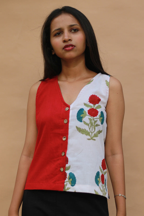 Front Buttoned Vest | Cotton | Rouge with Sanganeri Blooms