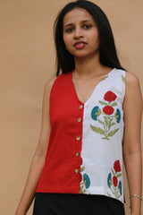 Front Buttoned Vest | Cotton | Rouge with Sanganeri Blooms