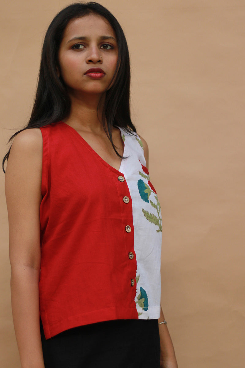 Front Buttoned Vest | Cotton | Rouge with Sanganeri Blooms