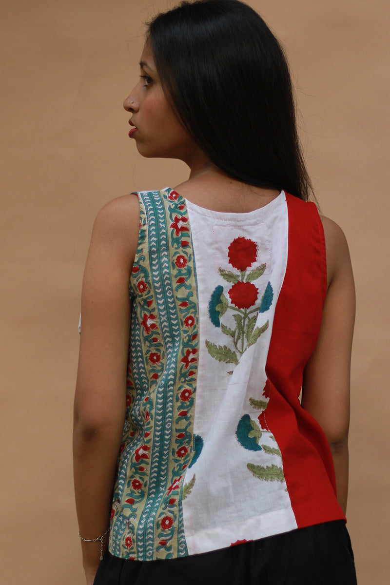 Front Buttoned Vest | Cotton | Rouge with Sanganeri Blooms