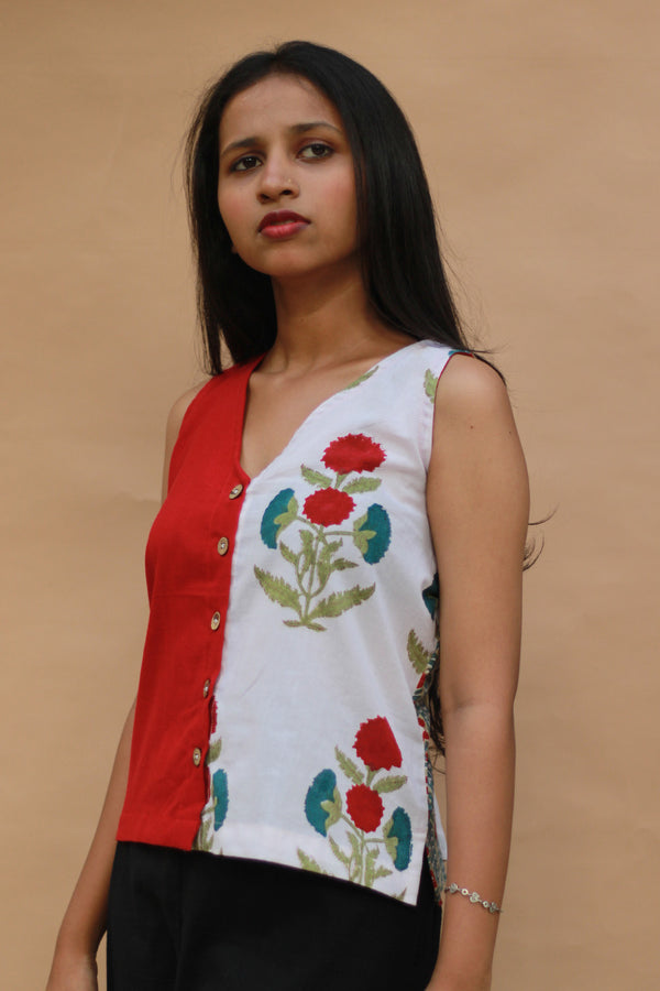 Front Buttoned Vest | Cotton | Rouge with Sanganeri Blooms
