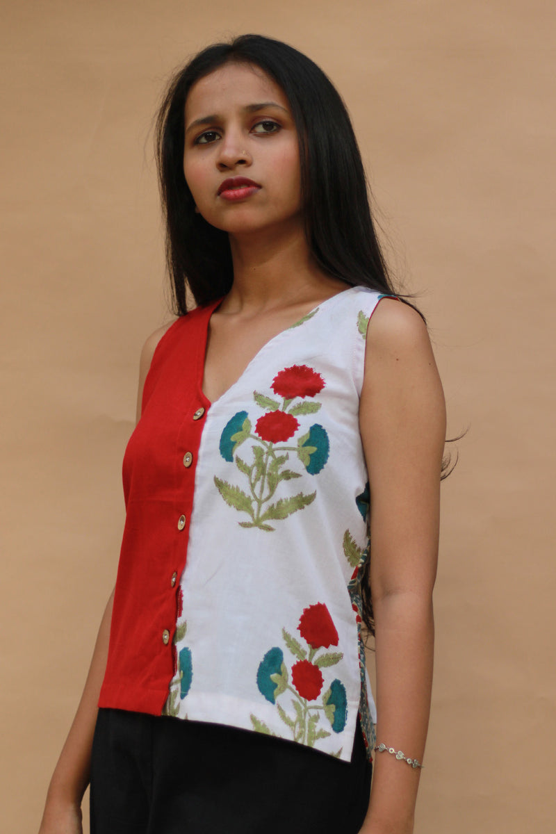 Front Buttoned Vest | Cotton | Rouge with Sanganeri Blooms