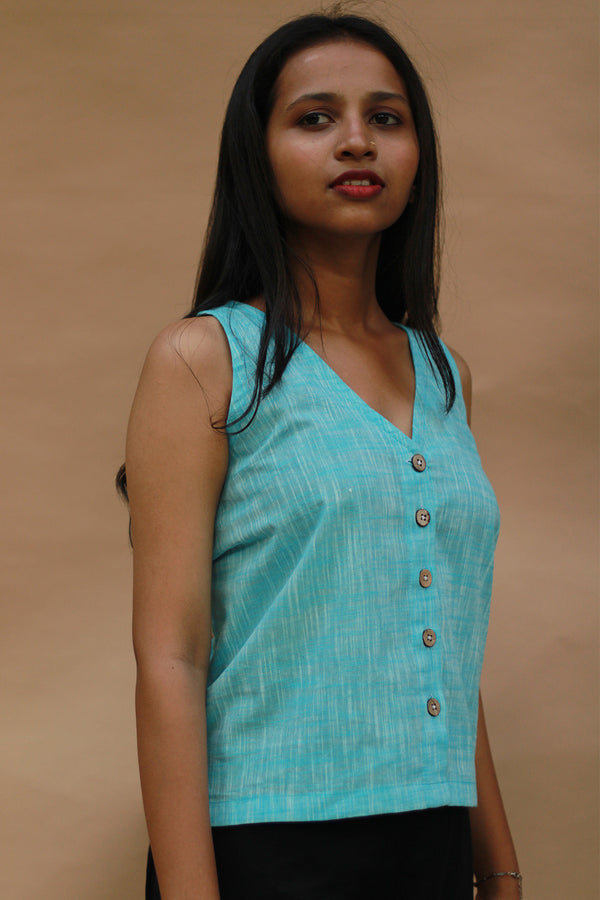Front Buttoned Vest | Cotton | Simply Blue