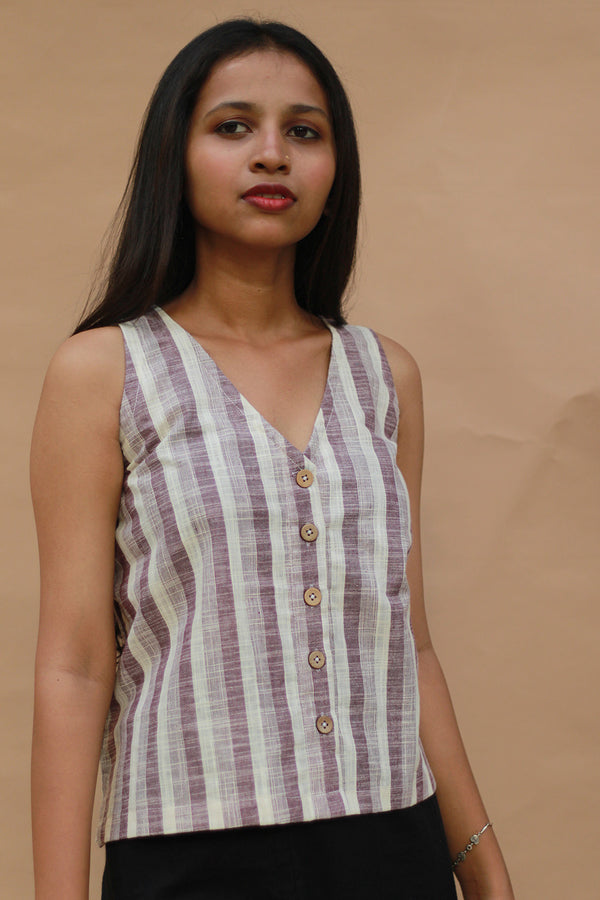 Front Buttoned Vest | Cotton | Lavender Stripes