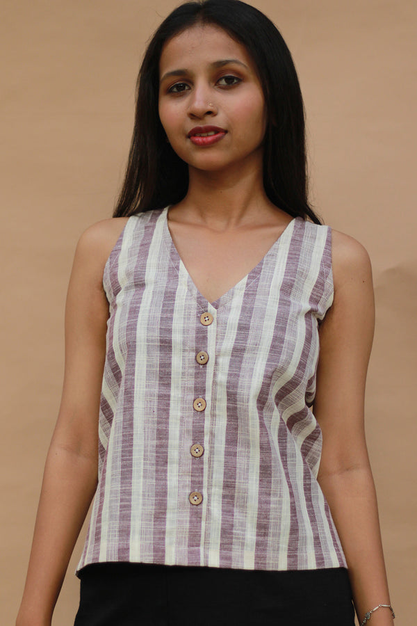 Front Buttoned Vest | Cotton | Lavender Stripes