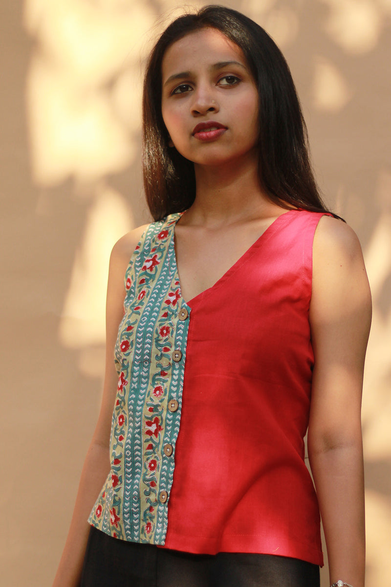 Front Buttoned Vest | Cotton | Rouge with Sanganeri Blooms