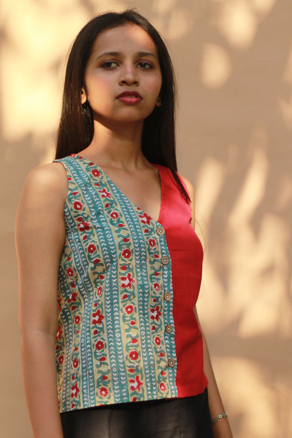 Front Buttoned Vest | Cotton | Rouge with Sanganeri Blooms