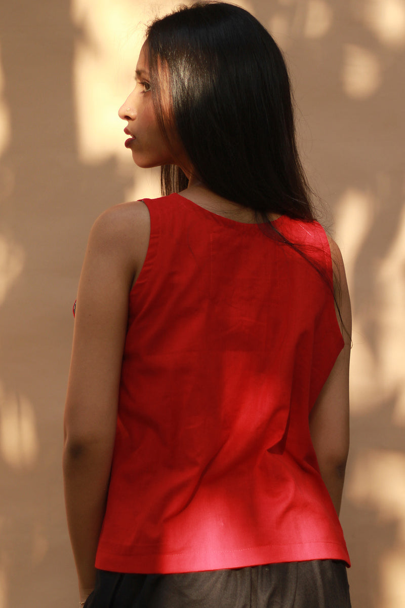 Front Buttoned Vest | Cotton | Rouge with Sanganeri Blooms