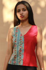 Front Buttoned Vest | Cotton | Rouge with Sanganeri Blooms