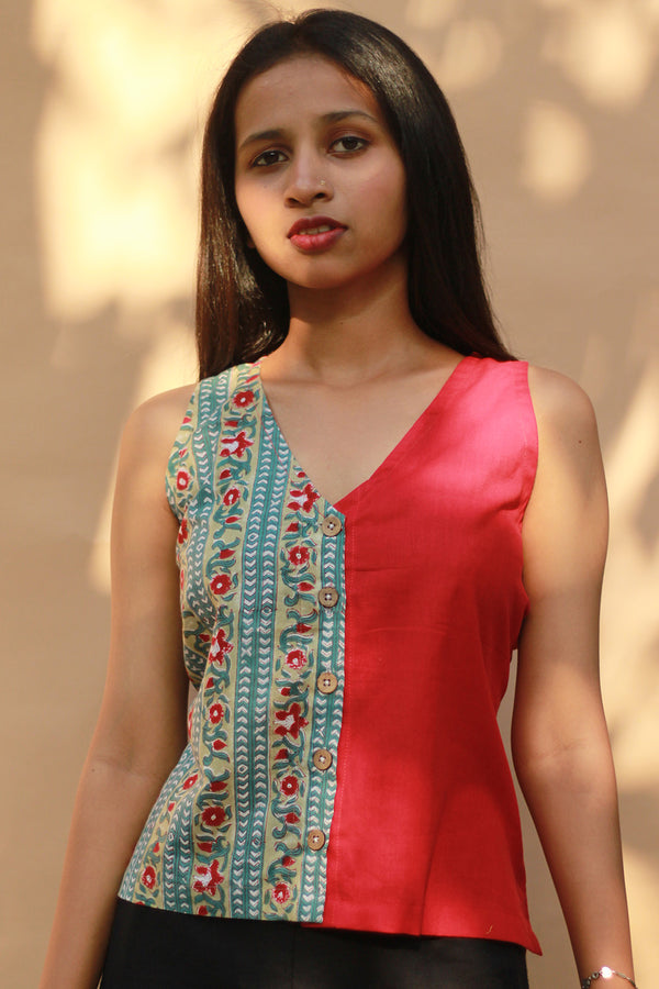 Front Buttoned Vest | Cotton | Rouge with Sanganeri Blooms