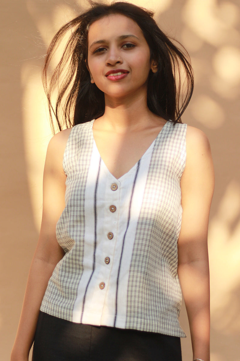 Front Buttoned Vest | Cotton | Ivory Checks