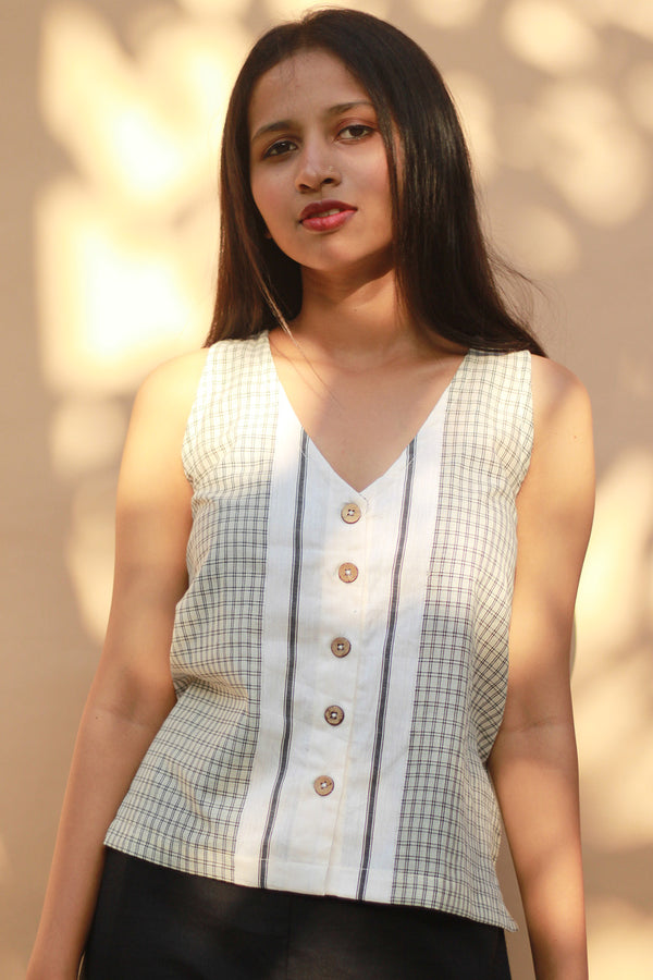 Front Buttoned Vest | Cotton | Ivory Checks