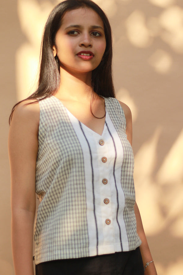 Front Buttoned Vest | Cotton | Ivory Checks