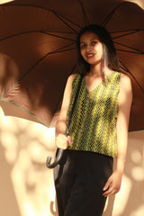 Front Buttoned Vest | Cotton | Green Chevron Ajrakh