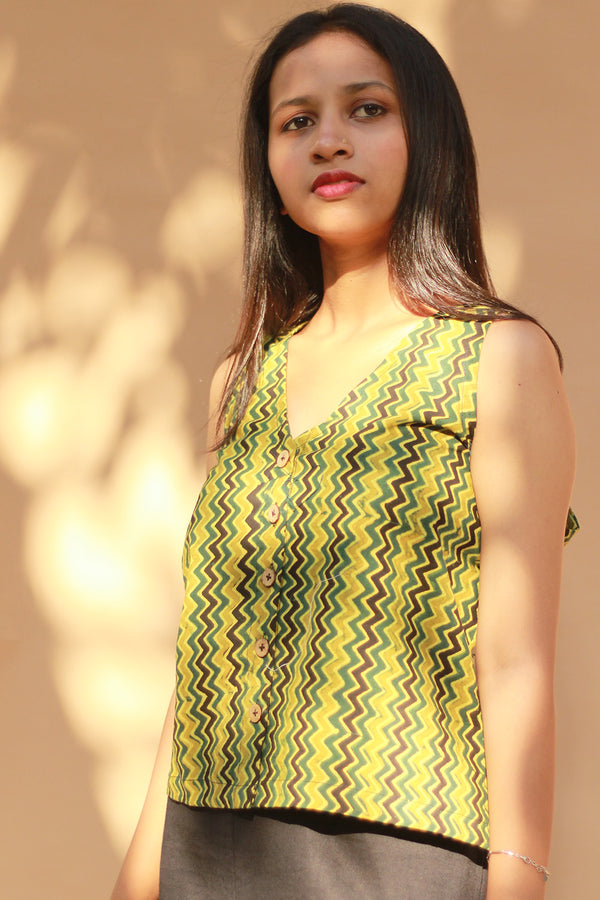 Front Buttoned Vest | Cotton | Green Chevron Ajrakh