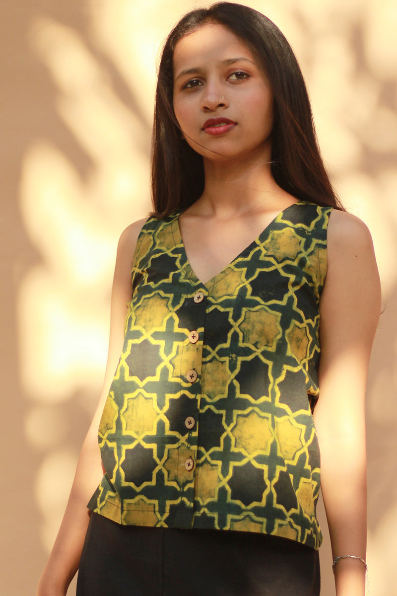 Front Buttoned Vest | Cotton | Green Shatkon Ajrakh