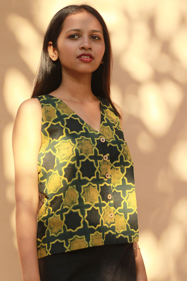 Front Buttoned Vest | Cotton | Green Shatkon Ajrakh