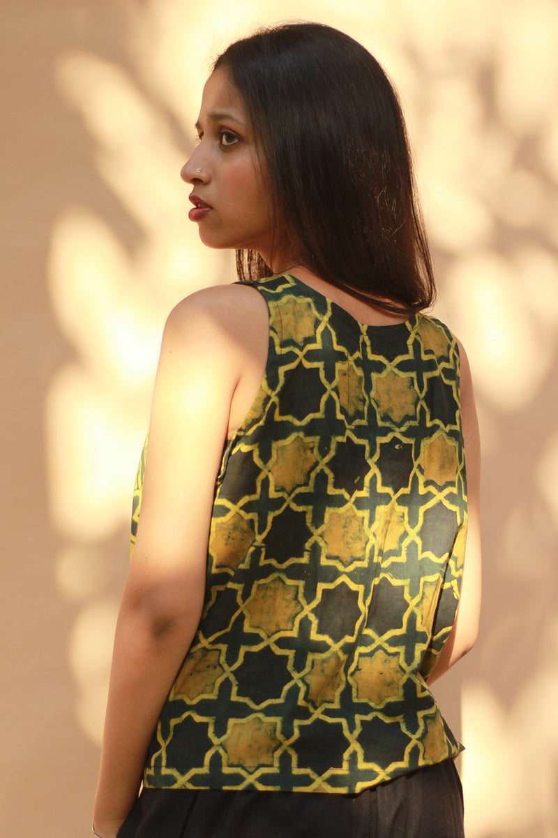 Front Buttoned Vest | Cotton | Green Shatkon Ajrakh