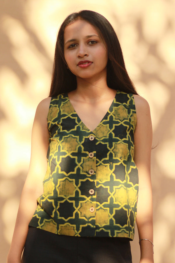 Front Buttoned Vest | Cotton | Green Shatkon Ajrakh