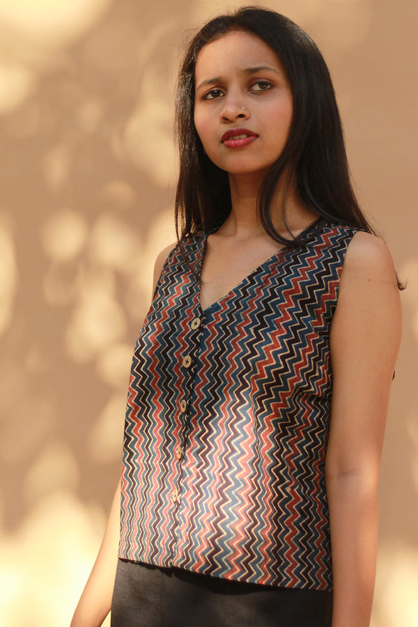 Front Buttoned Vest | Cotton | Indigo Chevron Ajrakh