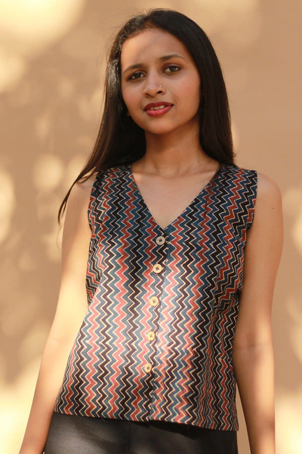 Front Buttoned Vest | Cotton | Indigo Chevron Ajrakh