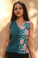 Front Buttoned Vest | Cotton | Turquoise Blooms