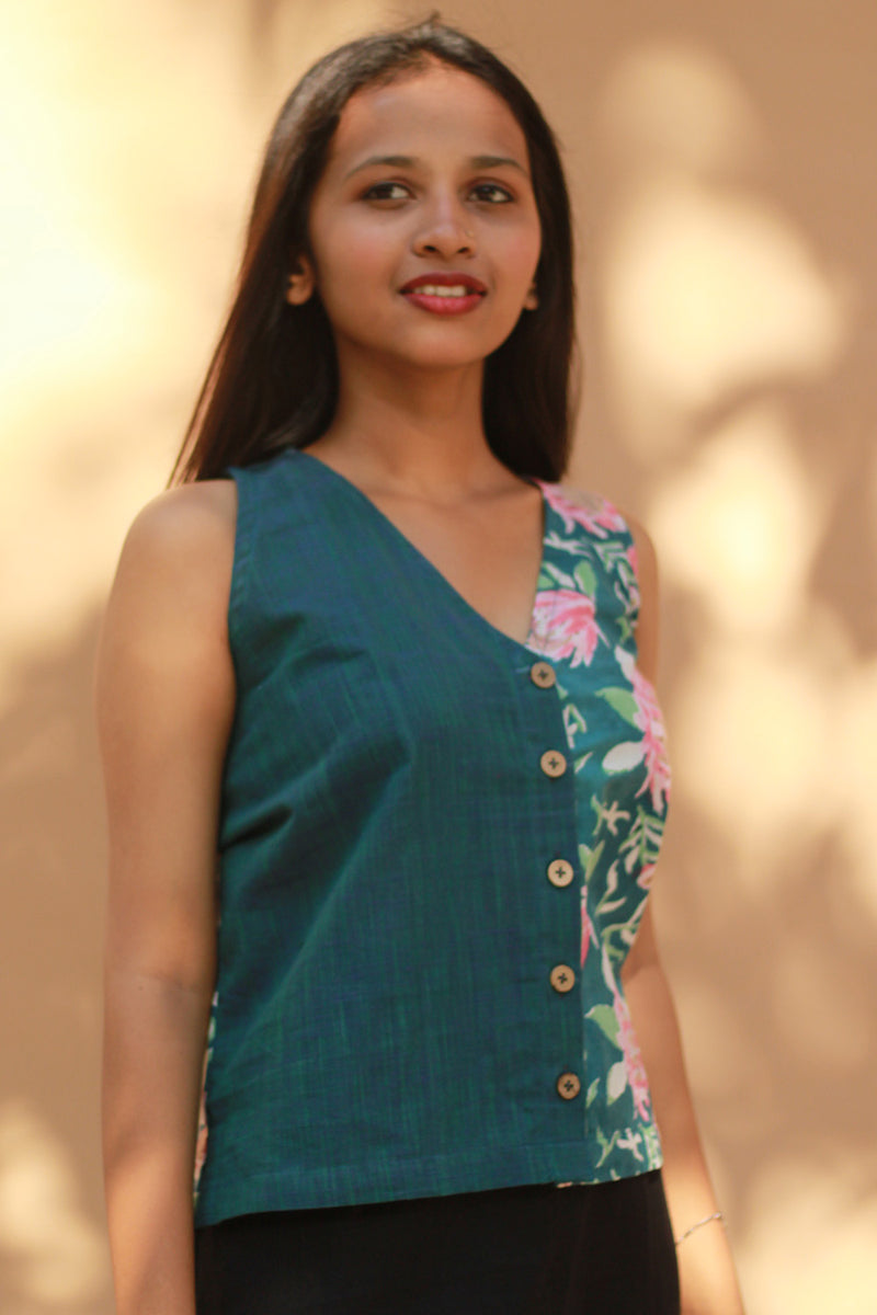 Front Buttoned Vest | Cotton | Turquoise Blooms