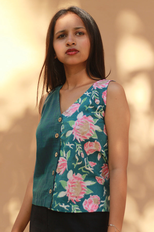 Front Buttoned Vest | Cotton | Turquoise Blooms