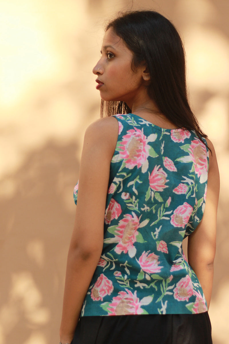 Front Buttoned Vest | Cotton | Turquoise Blooms