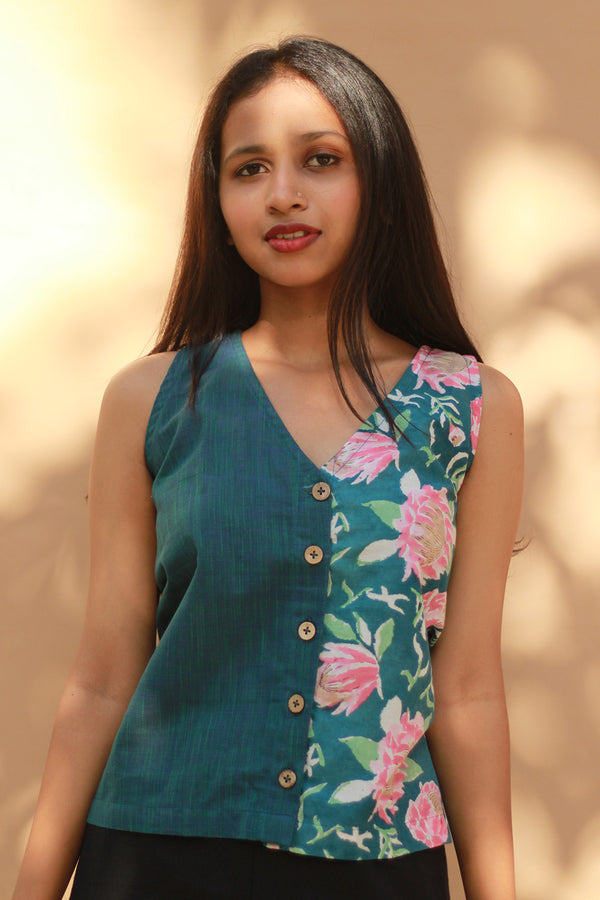 Front Buttoned Vest | Cotton | Turquoise Blooms