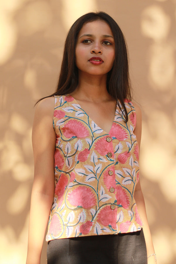 Front Buttoned Vest | Cotton | Coral Blooms