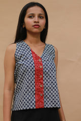 Front Buttoned Vest | Cotton | White Leaves on Indigo