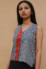 Front Buttoned Vest | Cotton | White Leaves on Indigo