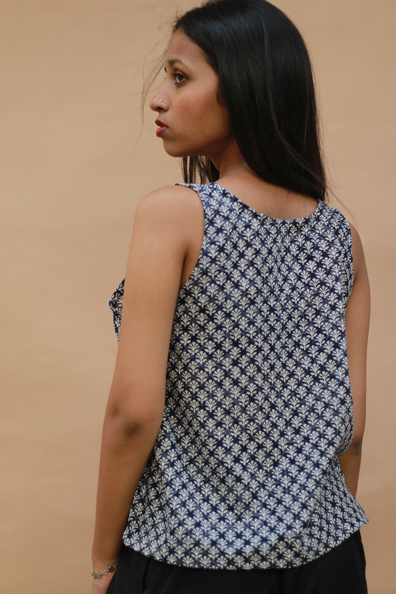 Front Buttoned Vest | Cotton | White Leaves on Indigo