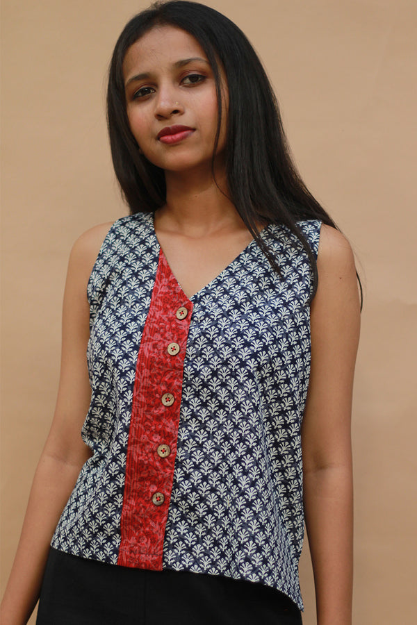 Front Buttoned Vest | Cotton | White Leaves on Indigo